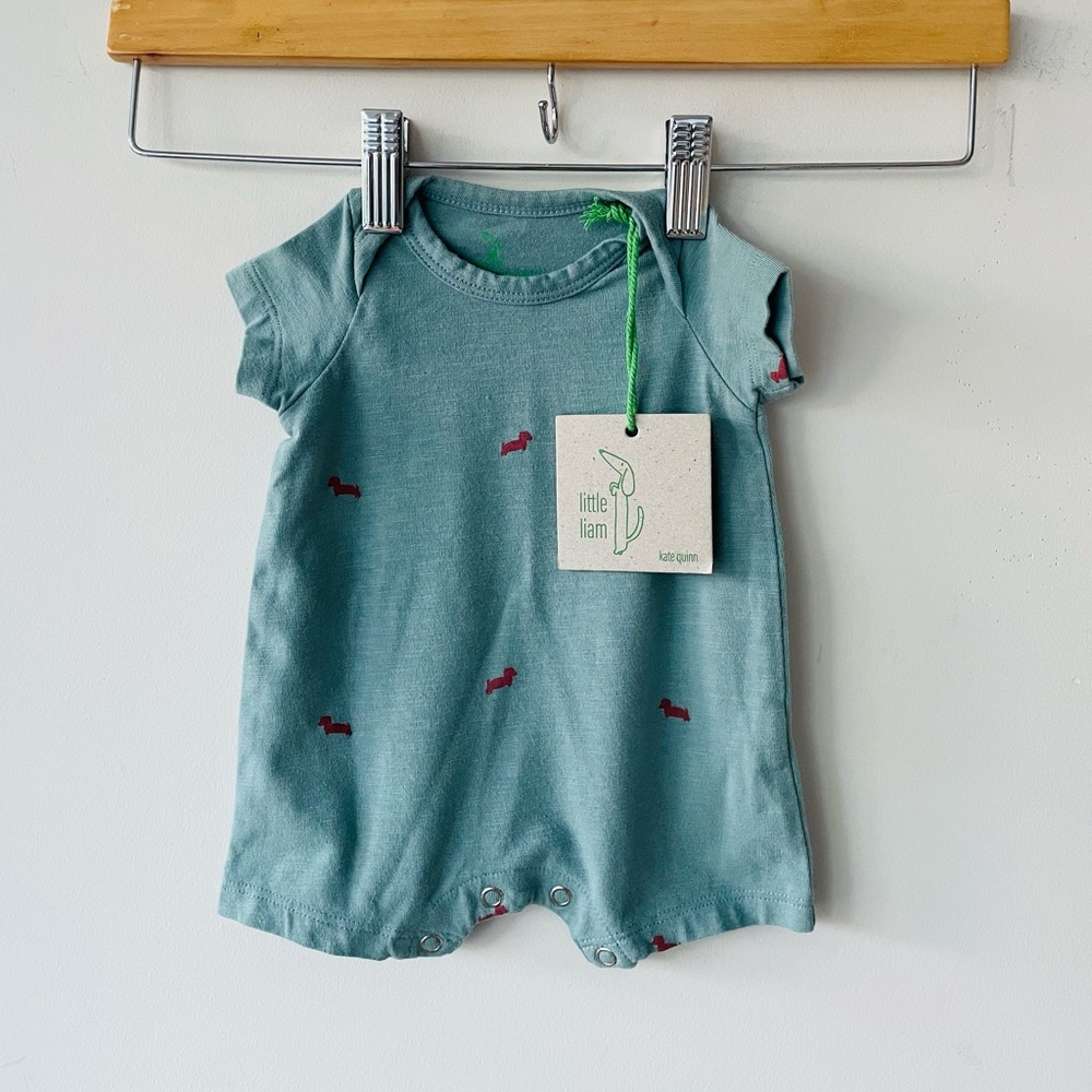 Kate Quinn Little Liam organic cotton blue baby romper tiny dogs playsuit NWT